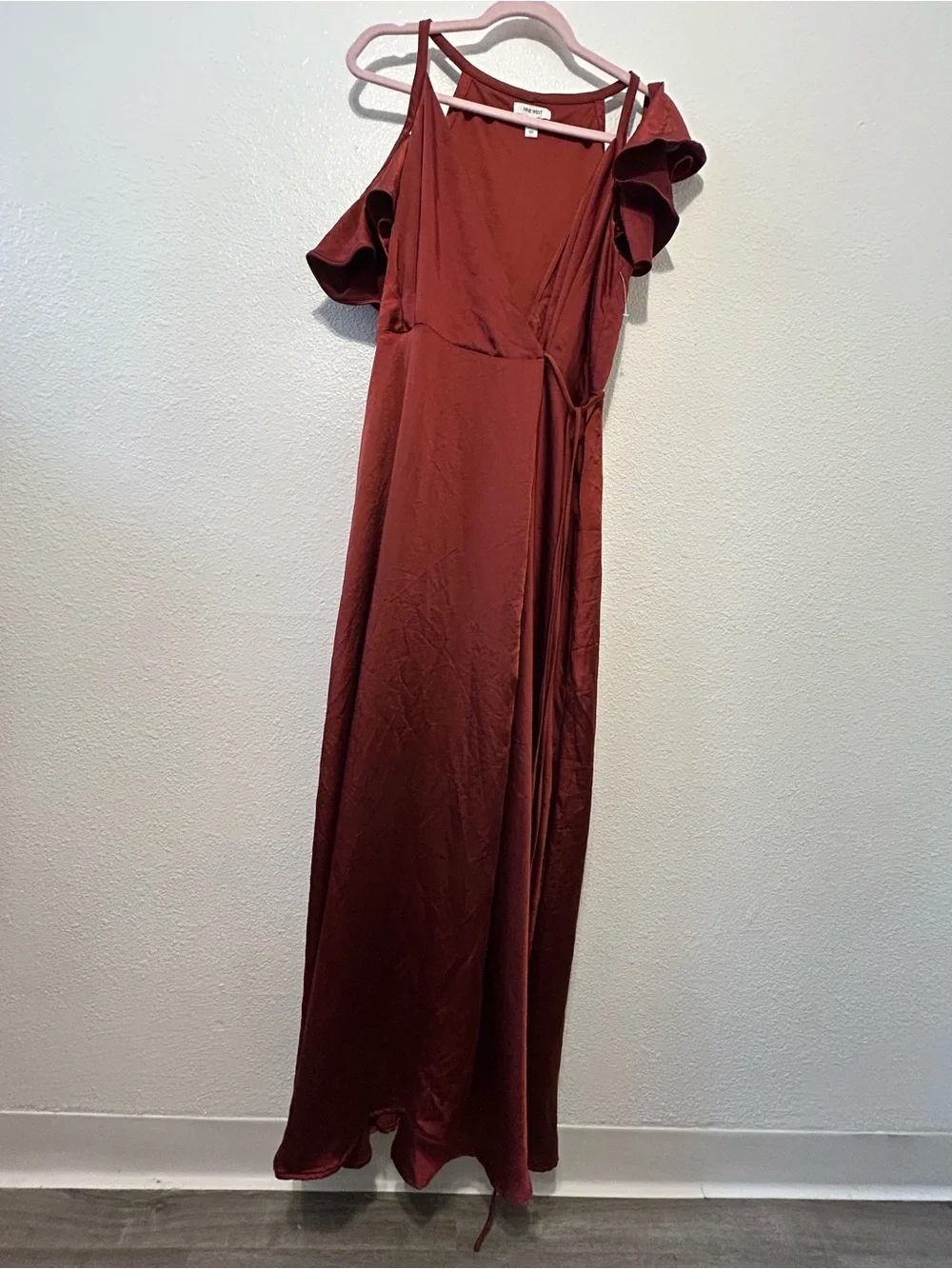 Nine West Rust-Orange Cold-Shoulder Wrap Maxi Dress